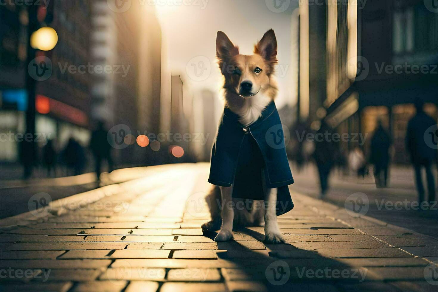 a dog wearing a coat sits on the street. AI-Generated photo