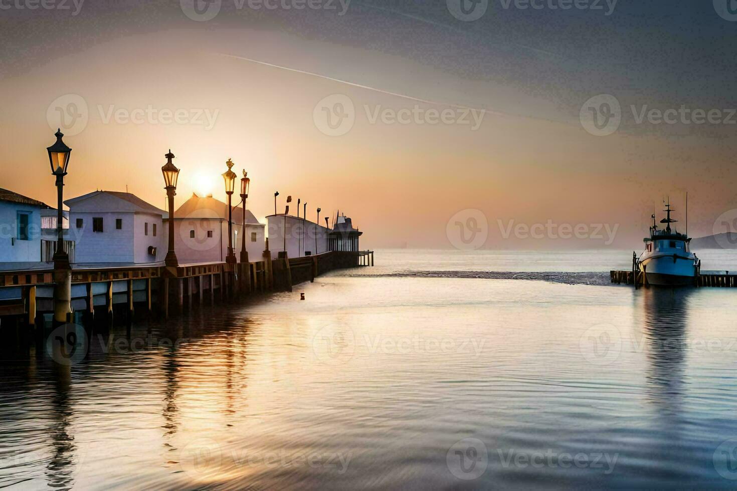 un barco es atracado a el muelle a puesta de sol. generado por ai foto