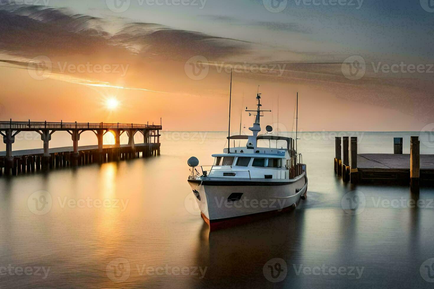 a boat docked at the pier at sunset. AI-Generated photo