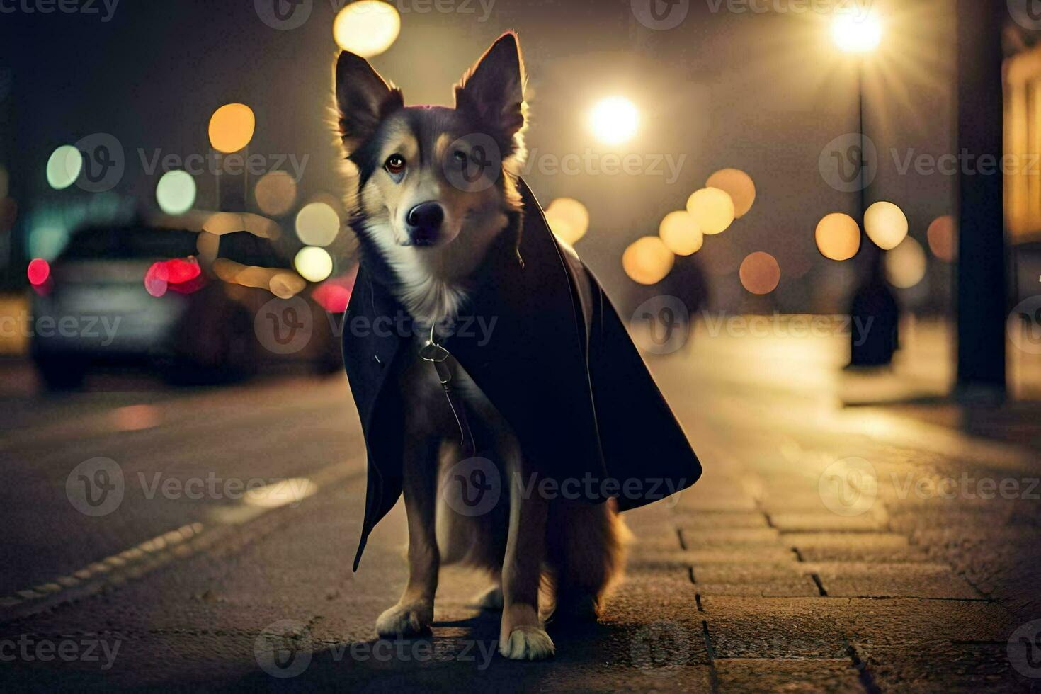 a dog in a coat standing on the street at night. AI-Generated photo