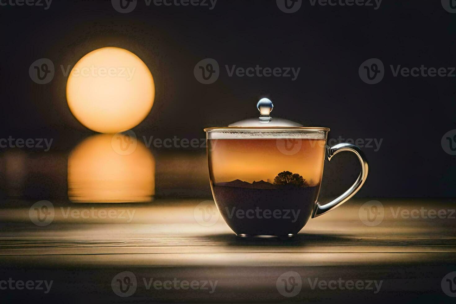 a cup of tea sits on a table in front of a full moon. AI-Generated photo