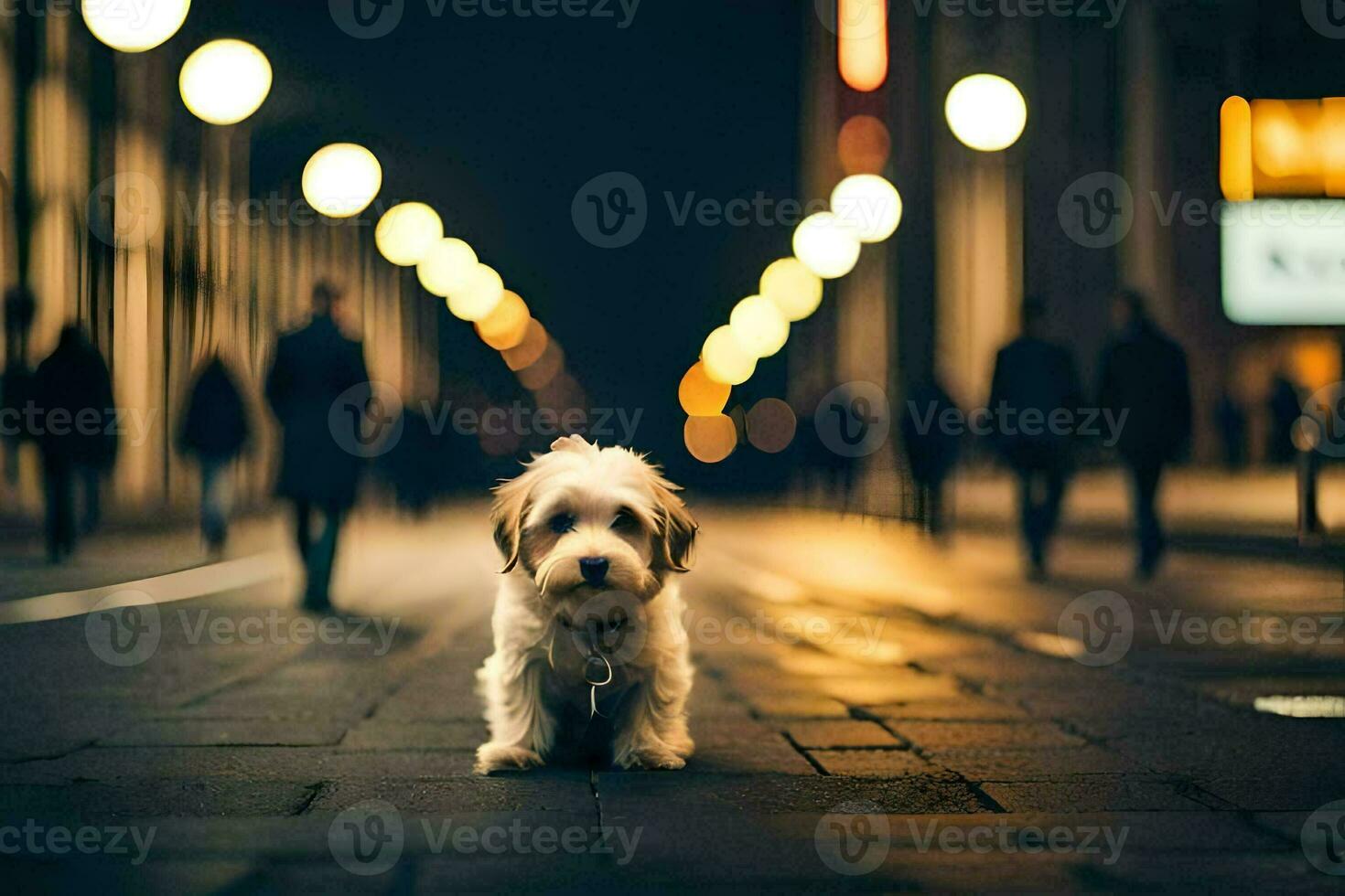 a dog standing in the middle of a city street at night. AI-Generated photo