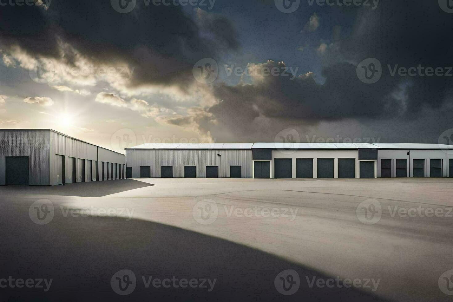a large warehouse with a dark sky behind it. AI-Generated photo