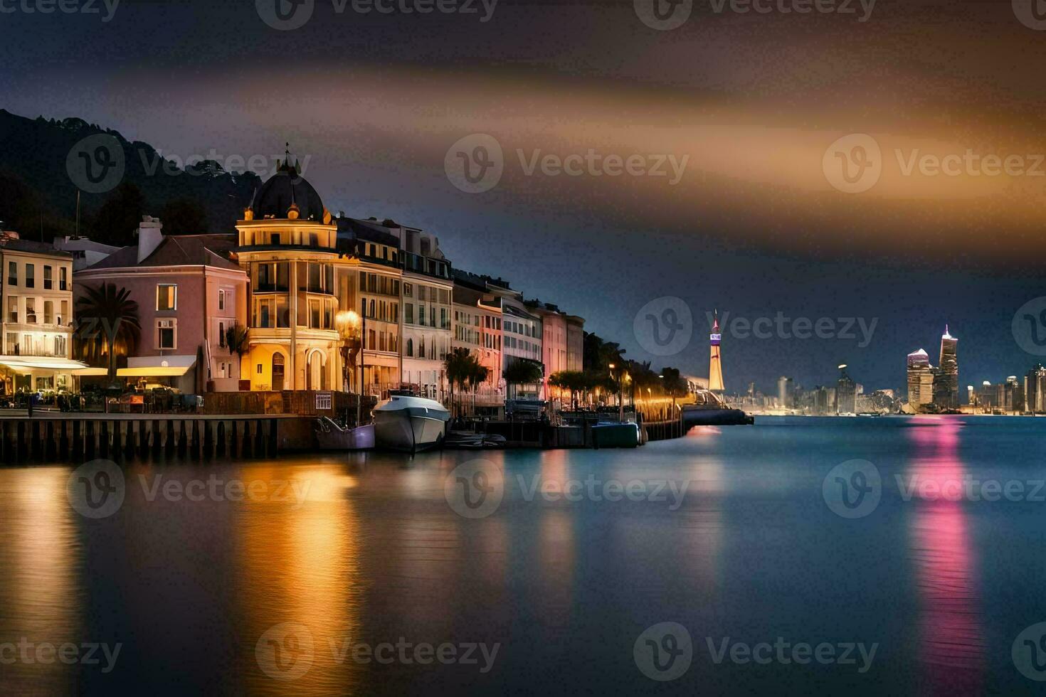 el ciudad luces son reflejado en el agua a noche. generado por ai foto