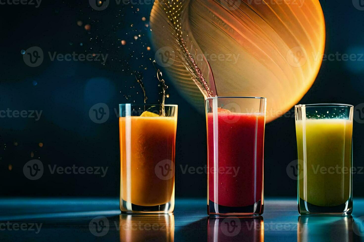three glasses of juice with a colorful splash. AI-Generated photo