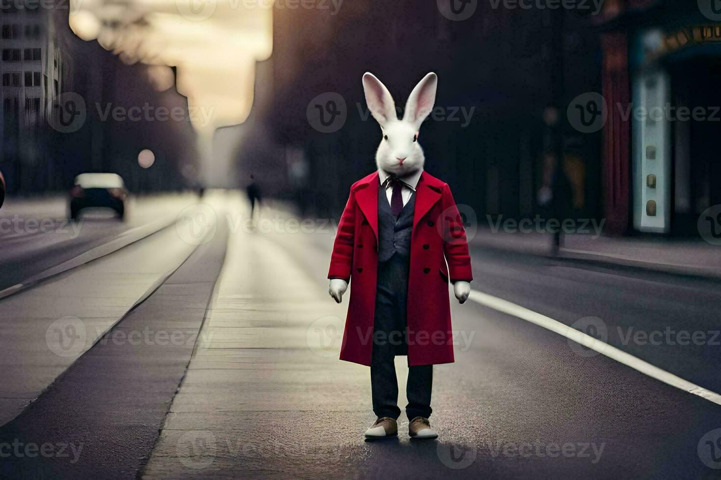 a rabbit wearing a red coat and tie standing on the street. AI-Generated photo