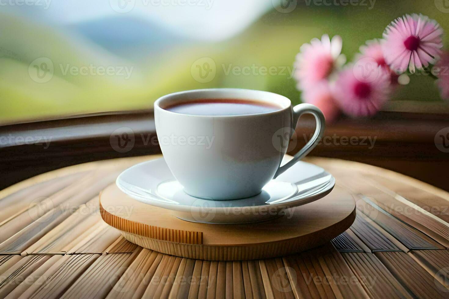 a cup of tea on a wooden table. AI-Generated photo