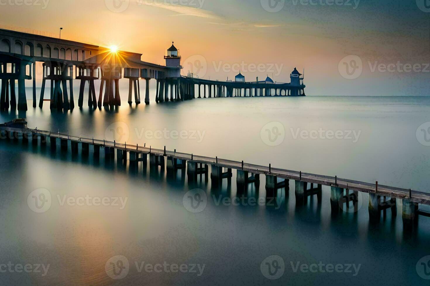 a long exposure photograph of a pier at sunset. AI-Generated photo