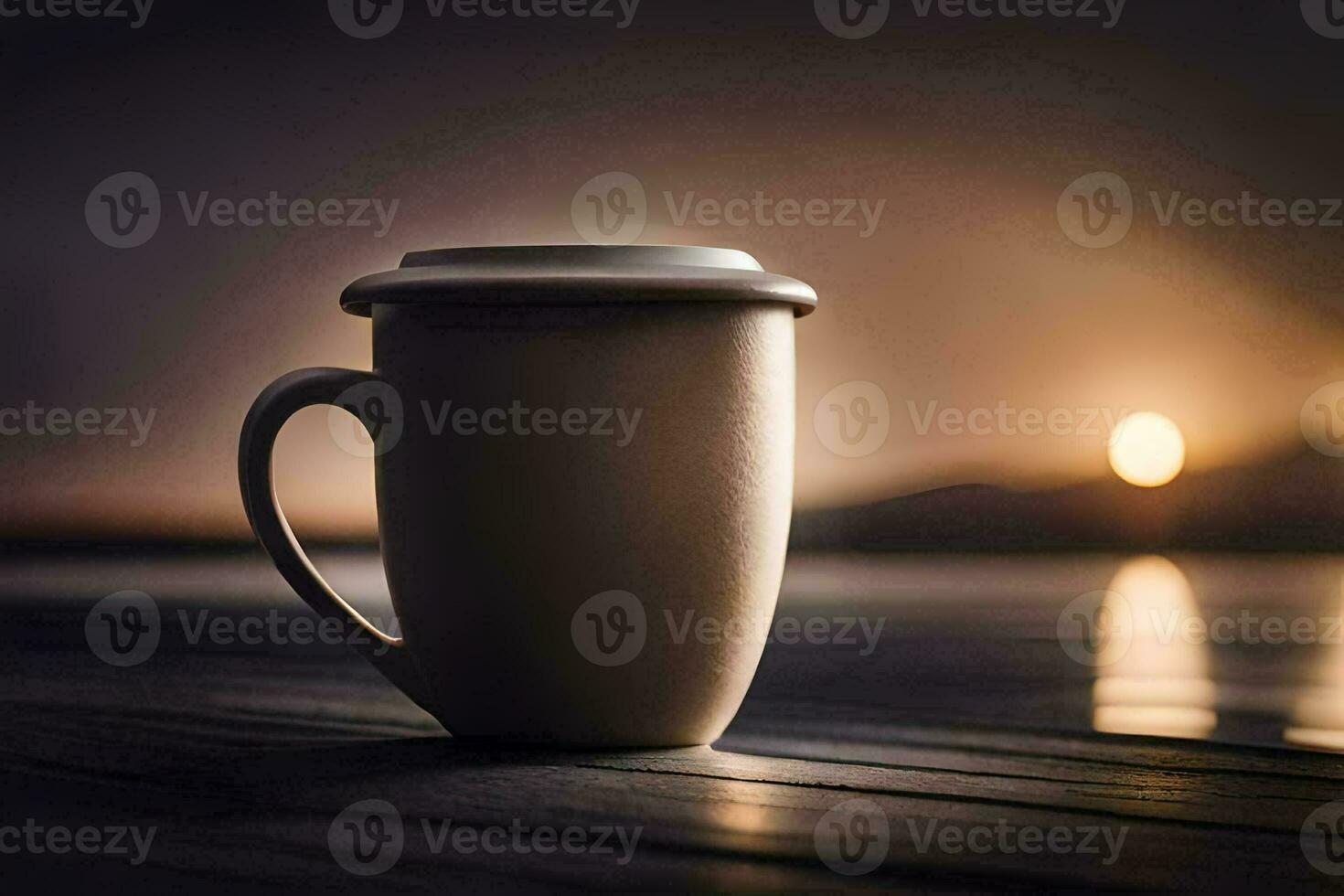 coffee cup on the dock, sunset, water, lake, hd wallpaper. AIGenerated
