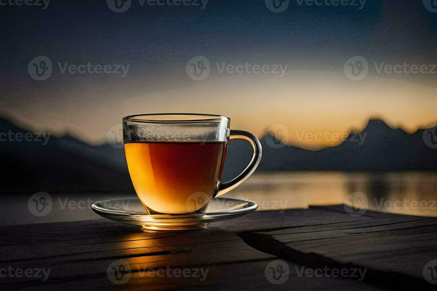 un taza de té se sienta en un de madera mesa en frente de un lago. generado por ai foto