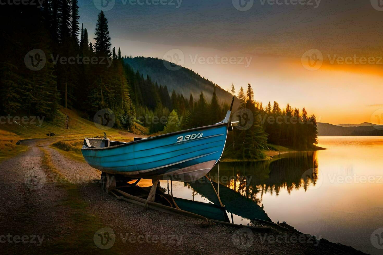 a boat sits on the shore of a lake at sunset. AI-Generated photo