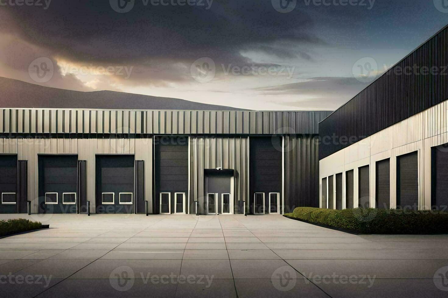 a large warehouse with two doors and a sky. AI-Generated photo