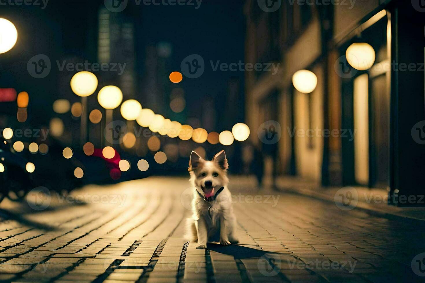 a dog standing on a street at night. AI-Generated photo