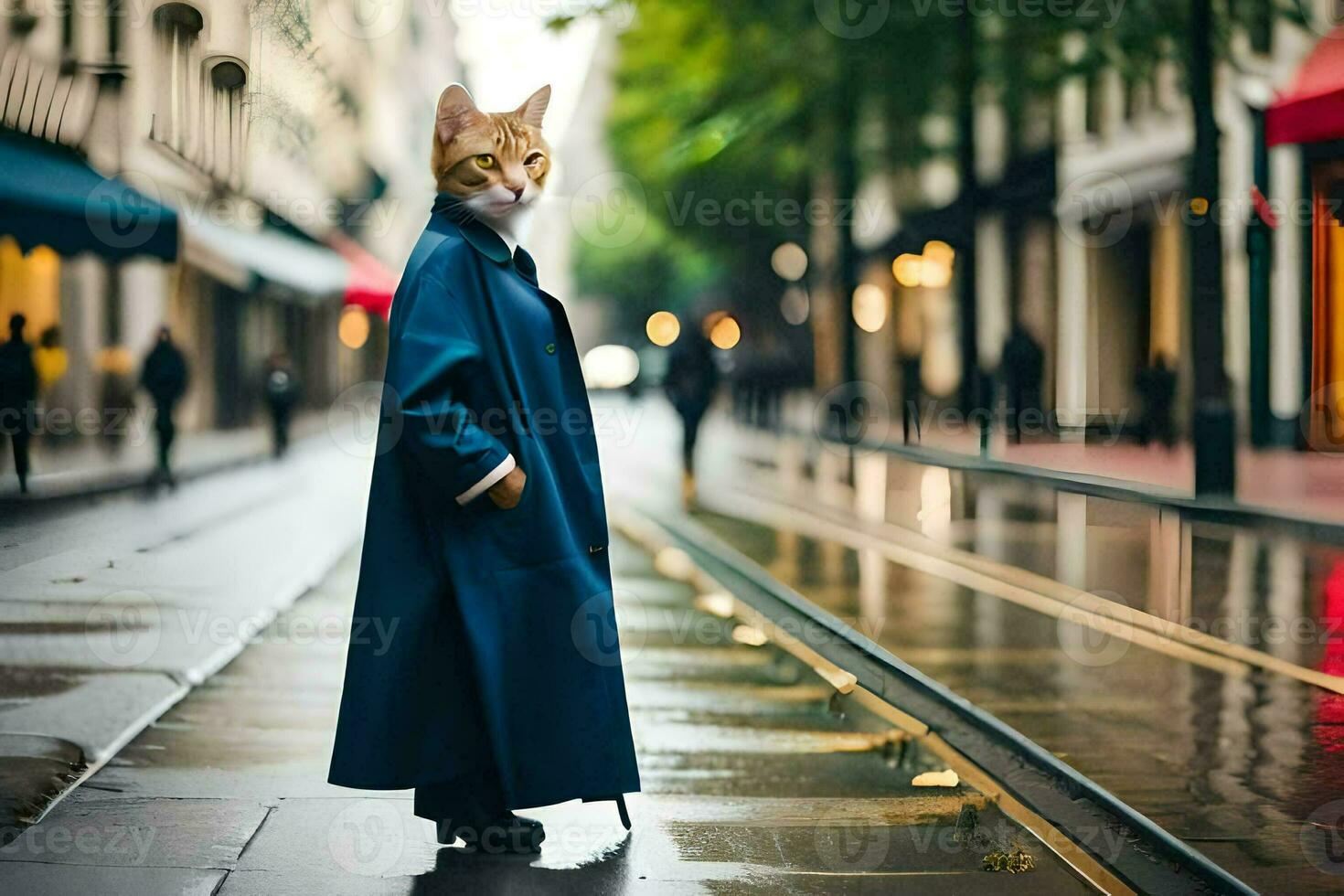 a cat wearing a blue coat and standing on a wet street. AI-Generated photo