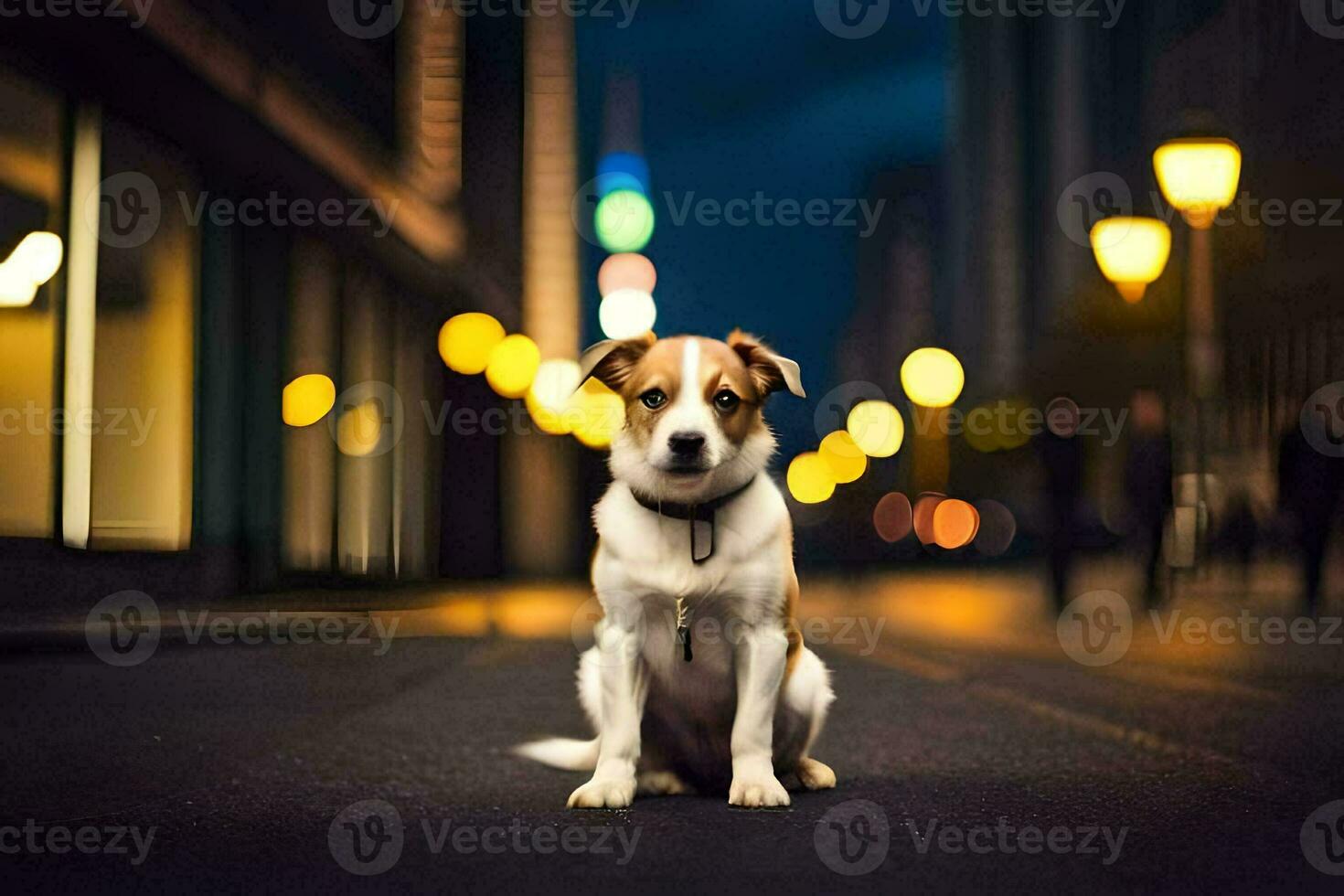 a dog sitting on the street at night. AI-Generated photo