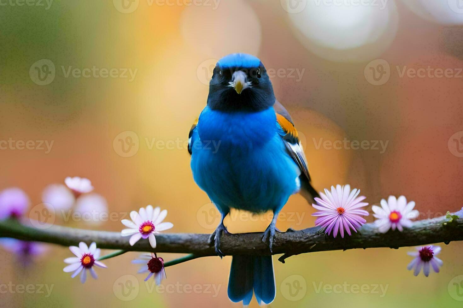 un azul pájaro es sentado en un rama con rosado flores generado por ai foto