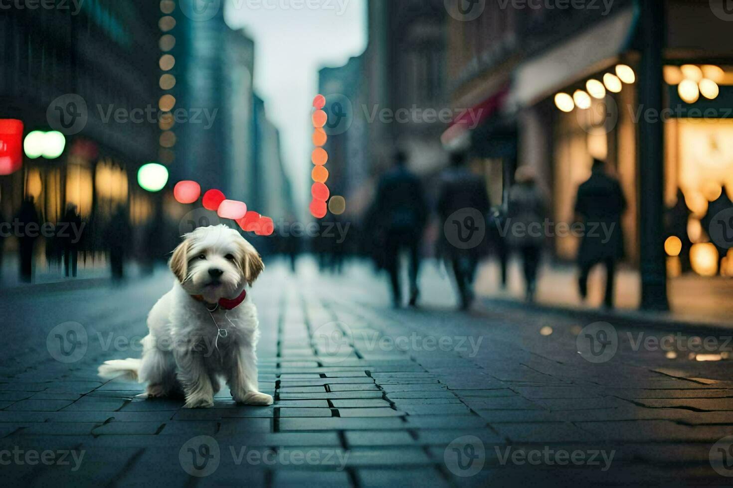 a dog sitting on the street in a city. AI-Generated photo