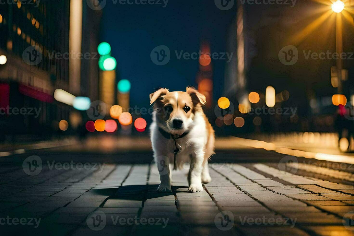 a dog standing on a street at night. AI-Generated photo