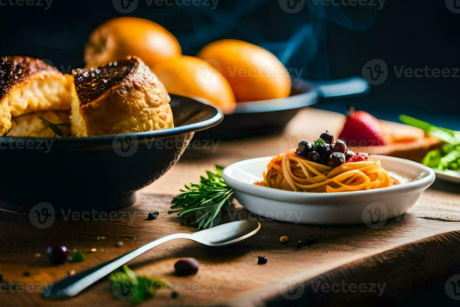 comida en un mesa con bochas de pasta y naranjas generado por ai foto