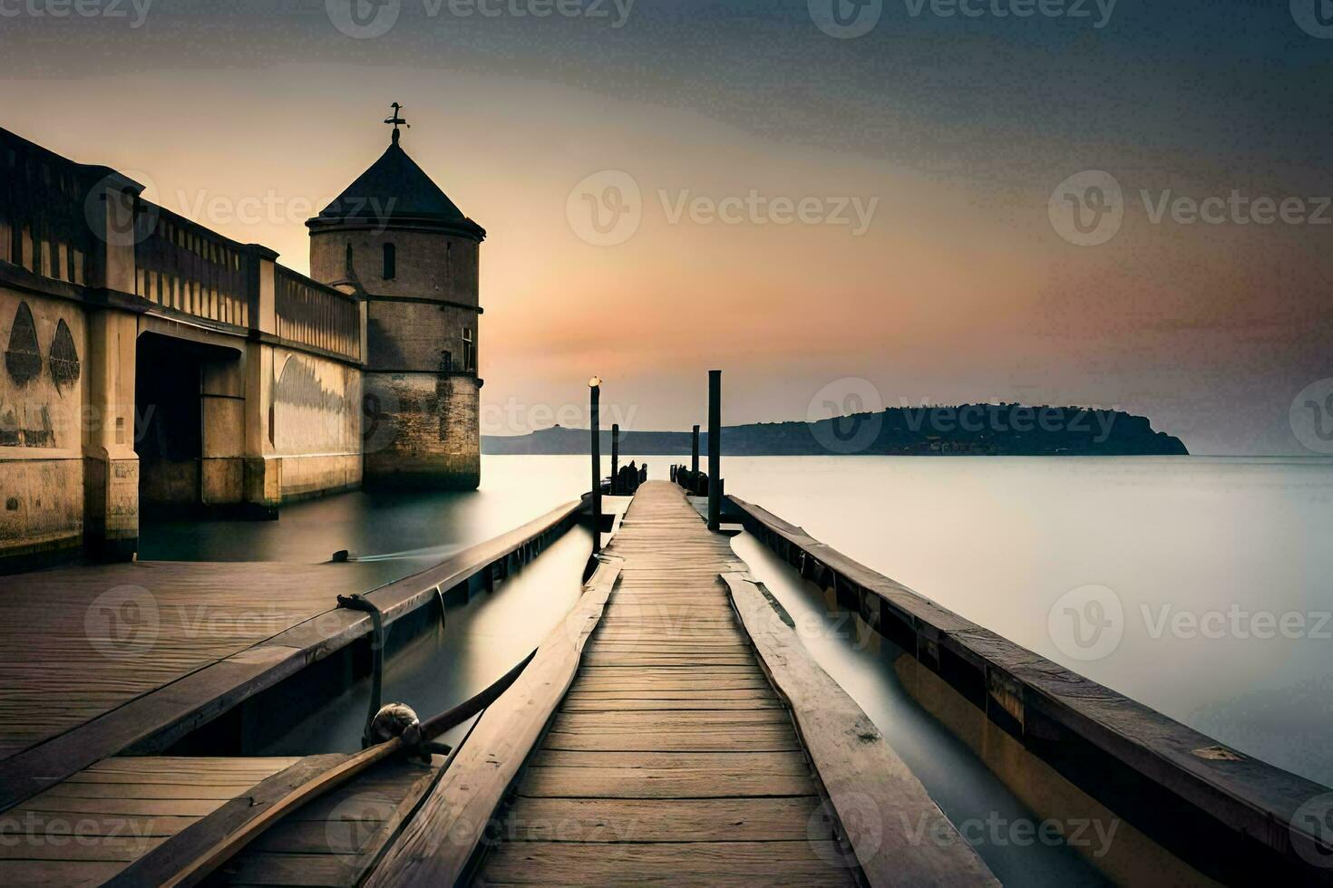 a pier with a tower and a boat in the water. AI-Generated photo