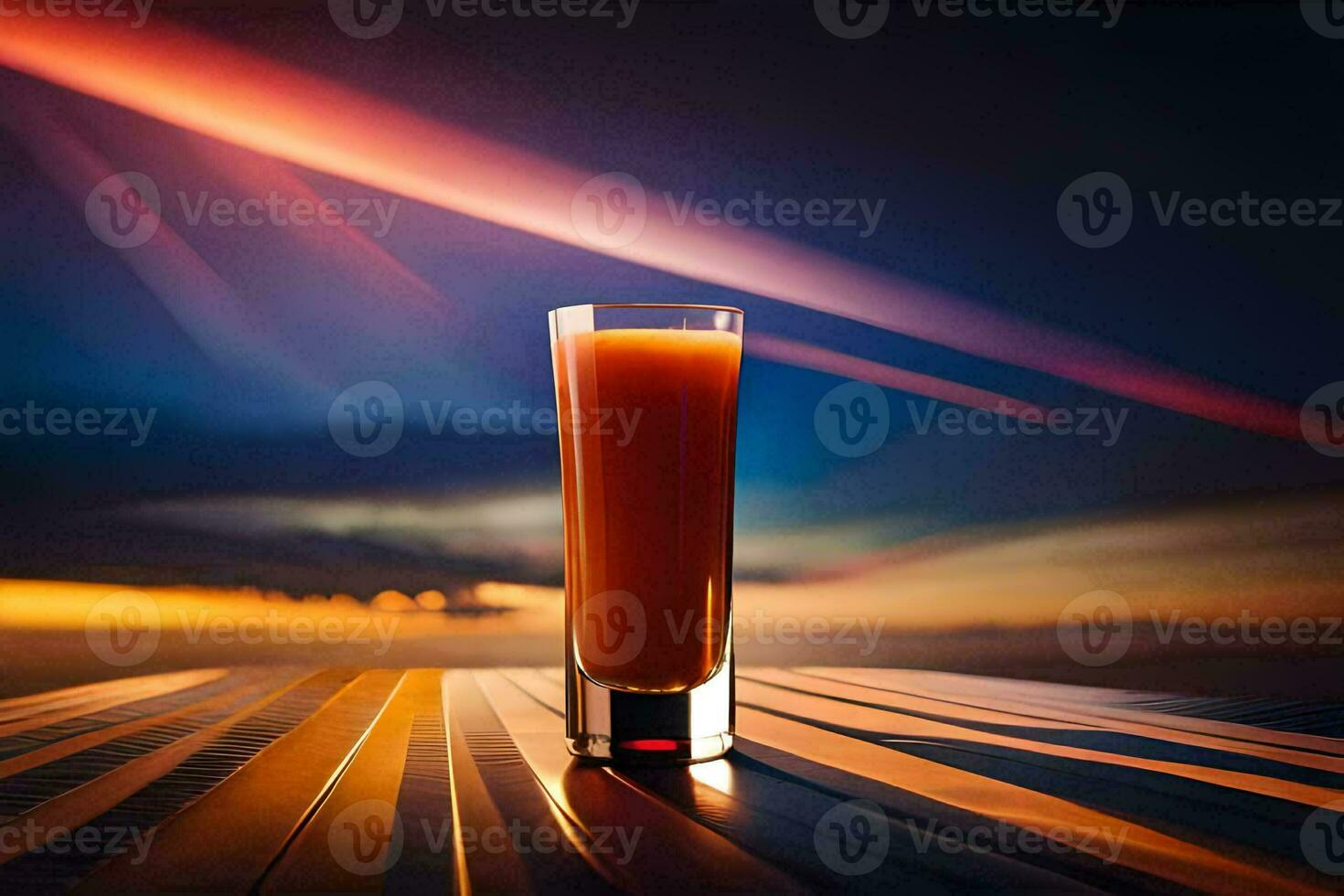 un vaso de naranja jugo en un mesa en frente de un puesta de sol. generado por ai foto