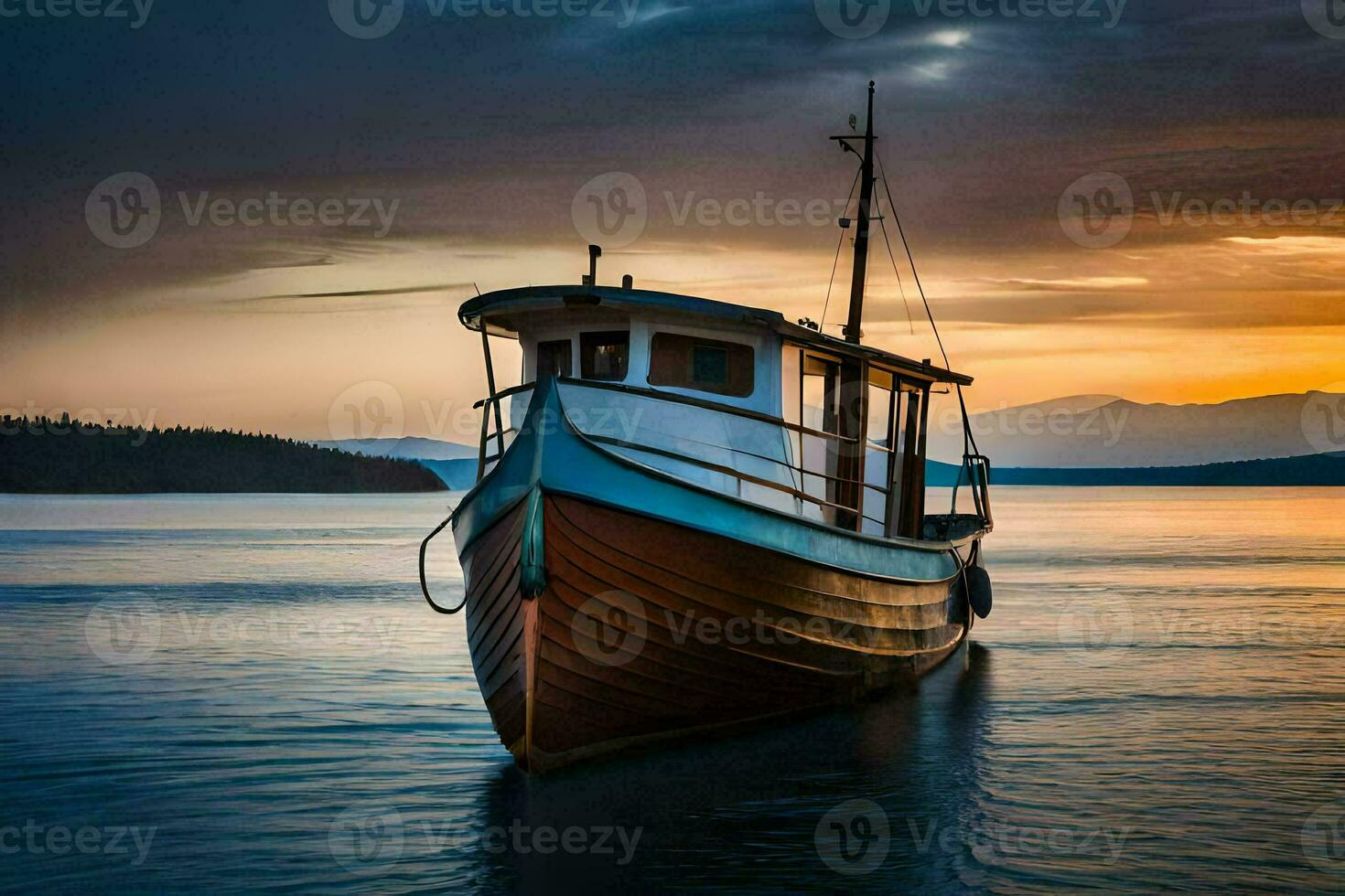 a boat sits on the water at sunset. AI-Generated photo