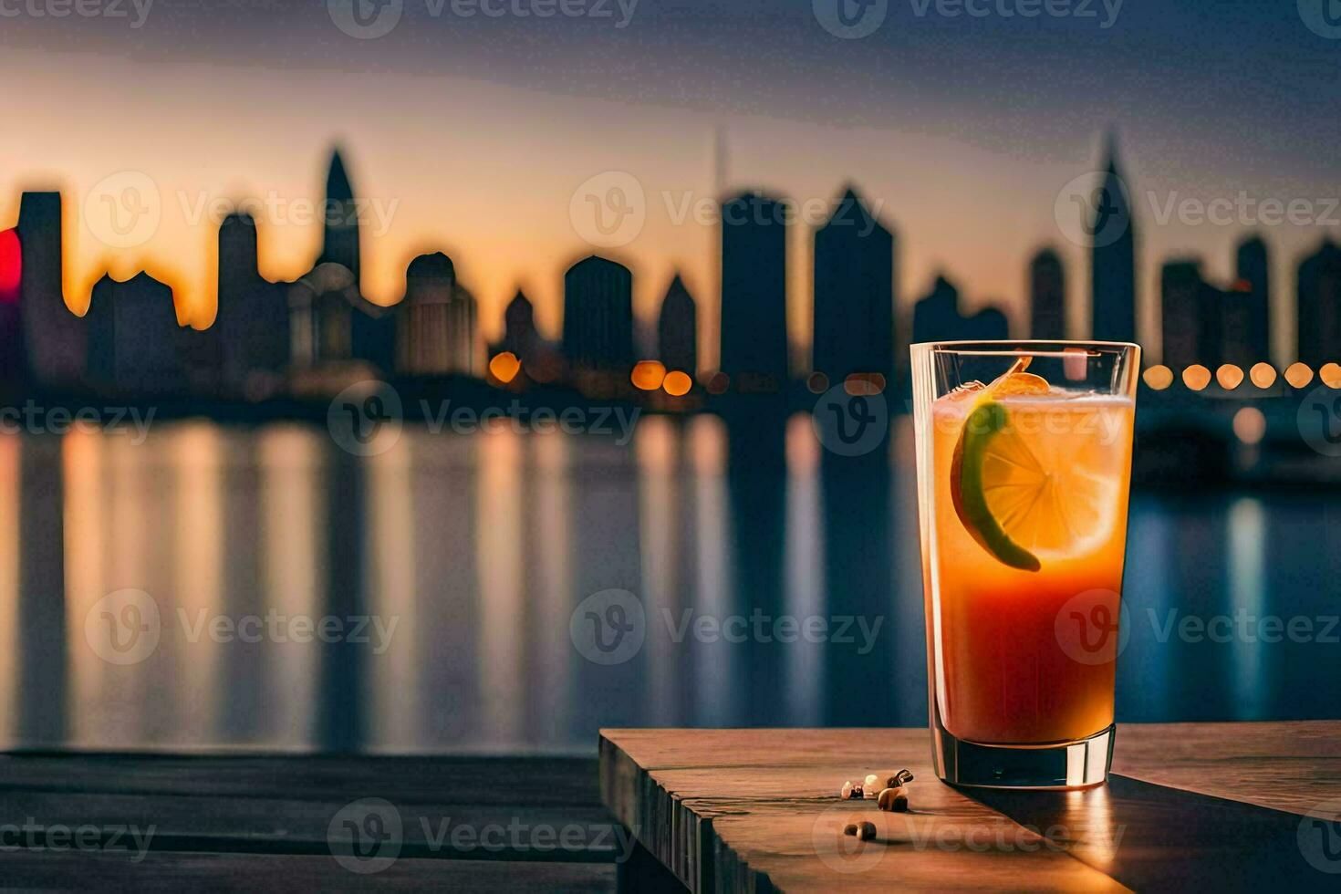a glass of orange juice with a view of the city skyline. AI-Generated photo