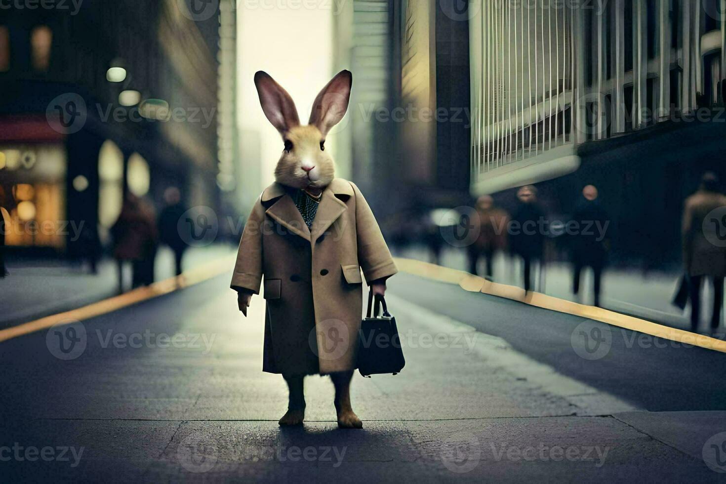 a rabbit wearing a trench coat and holding a briefcase. AI-Generated photo