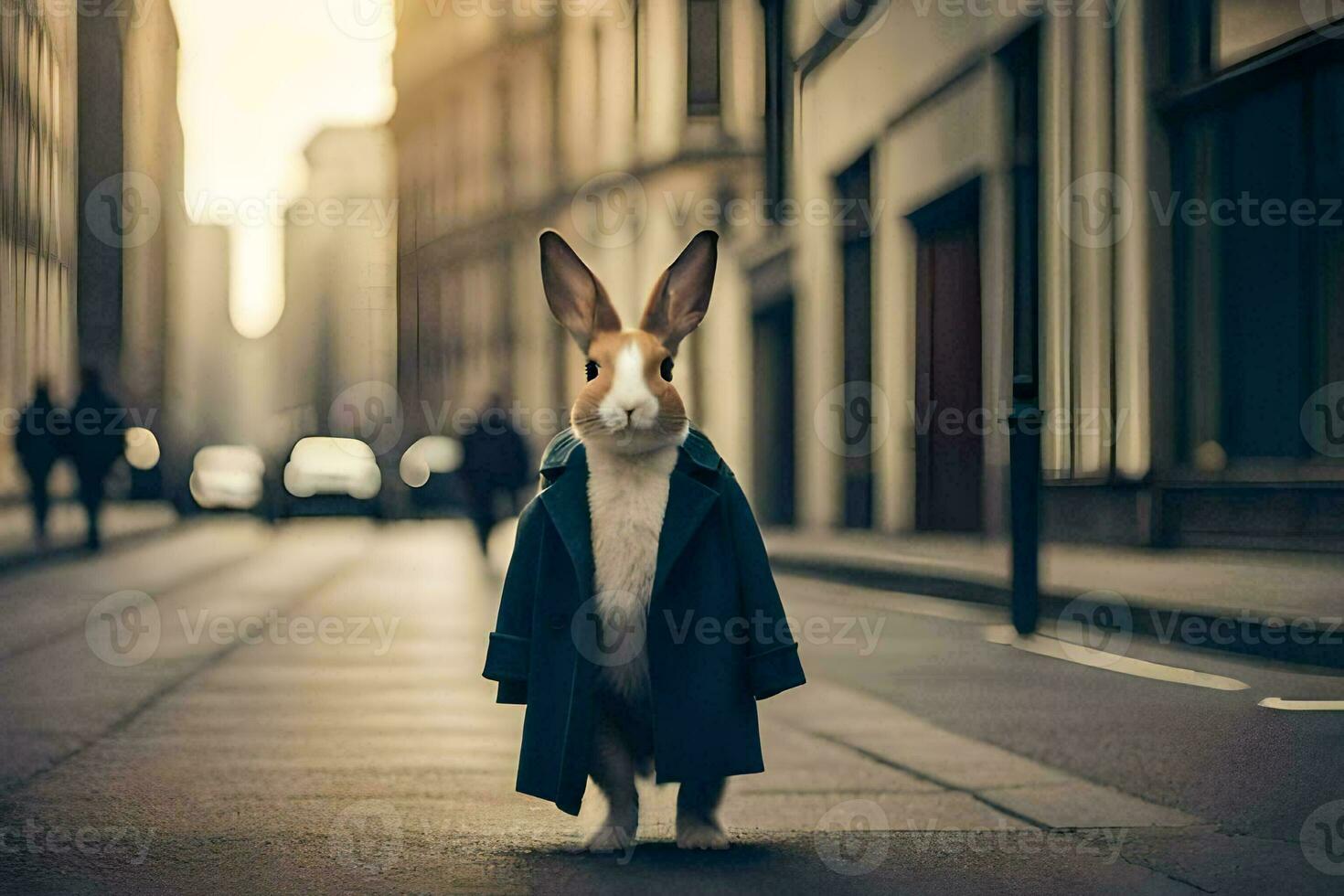 a rabbit in a coat standing on a street. AI-Generated photo