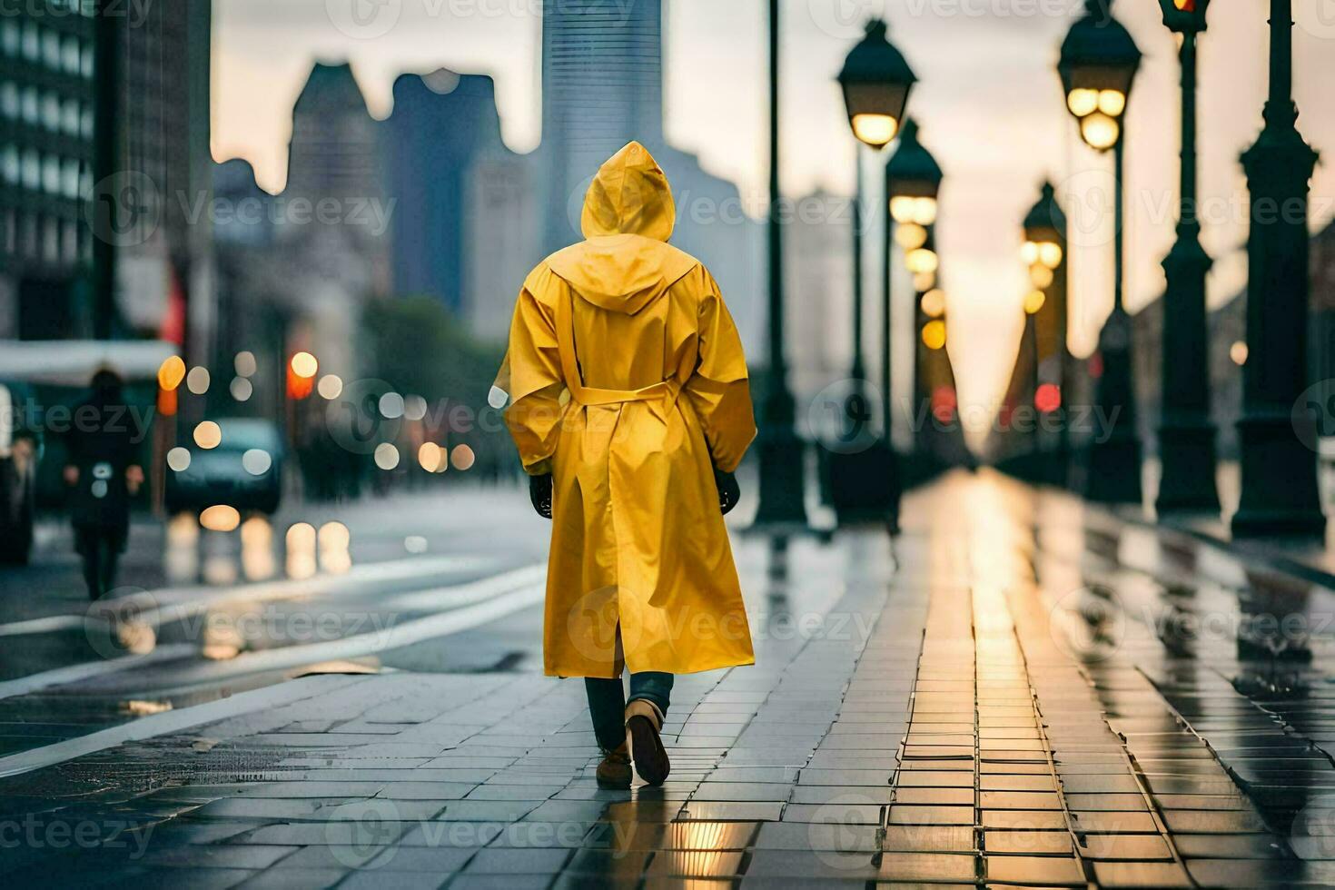 a person walking in the rain wearing a yellow raincoat. AI-Generated photo