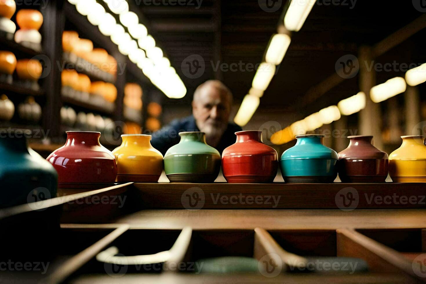 a man is looking at a row of colorful vases. AI-Generated photo