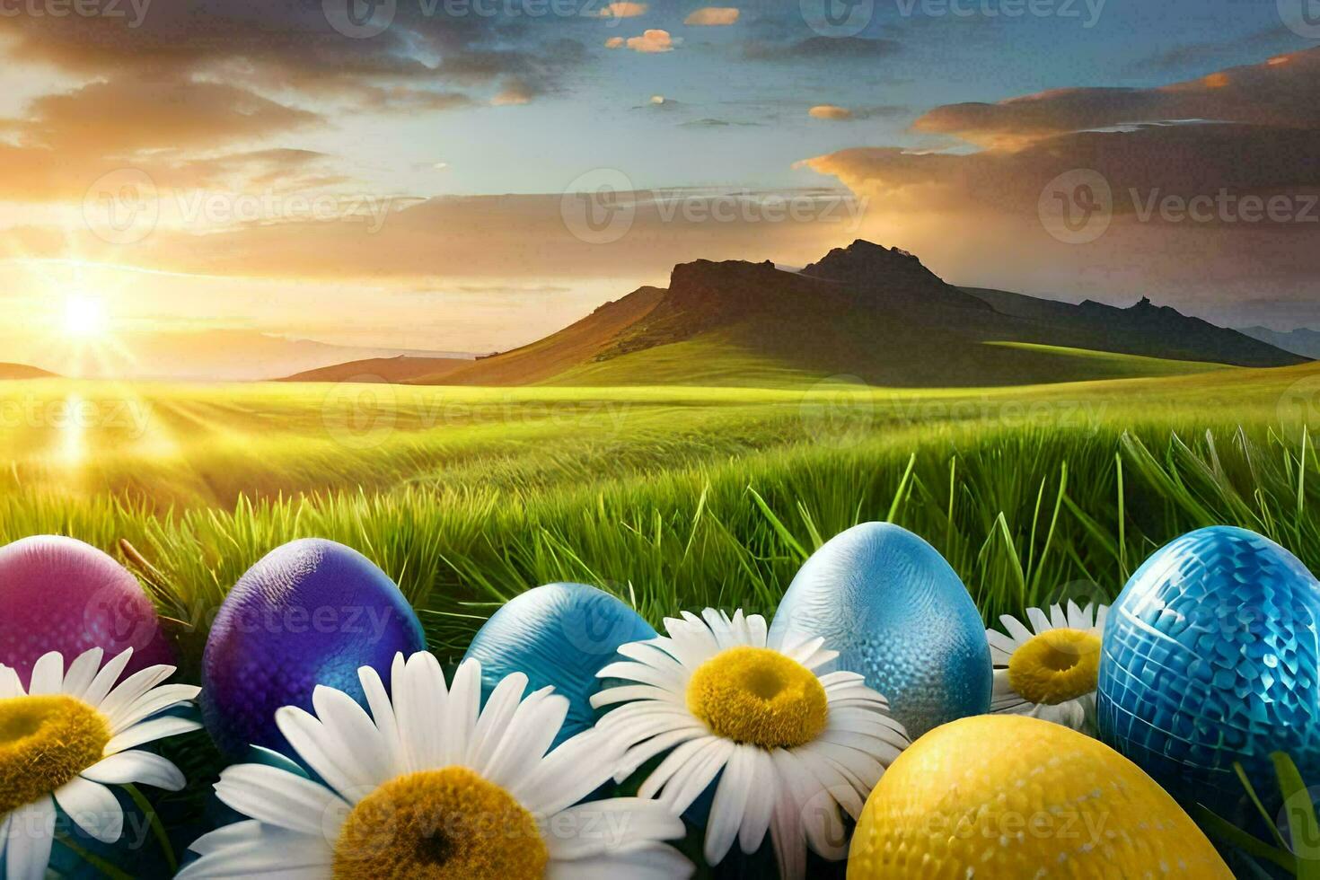 easter eggs in a field with daisies and sun. AI-Generated photo