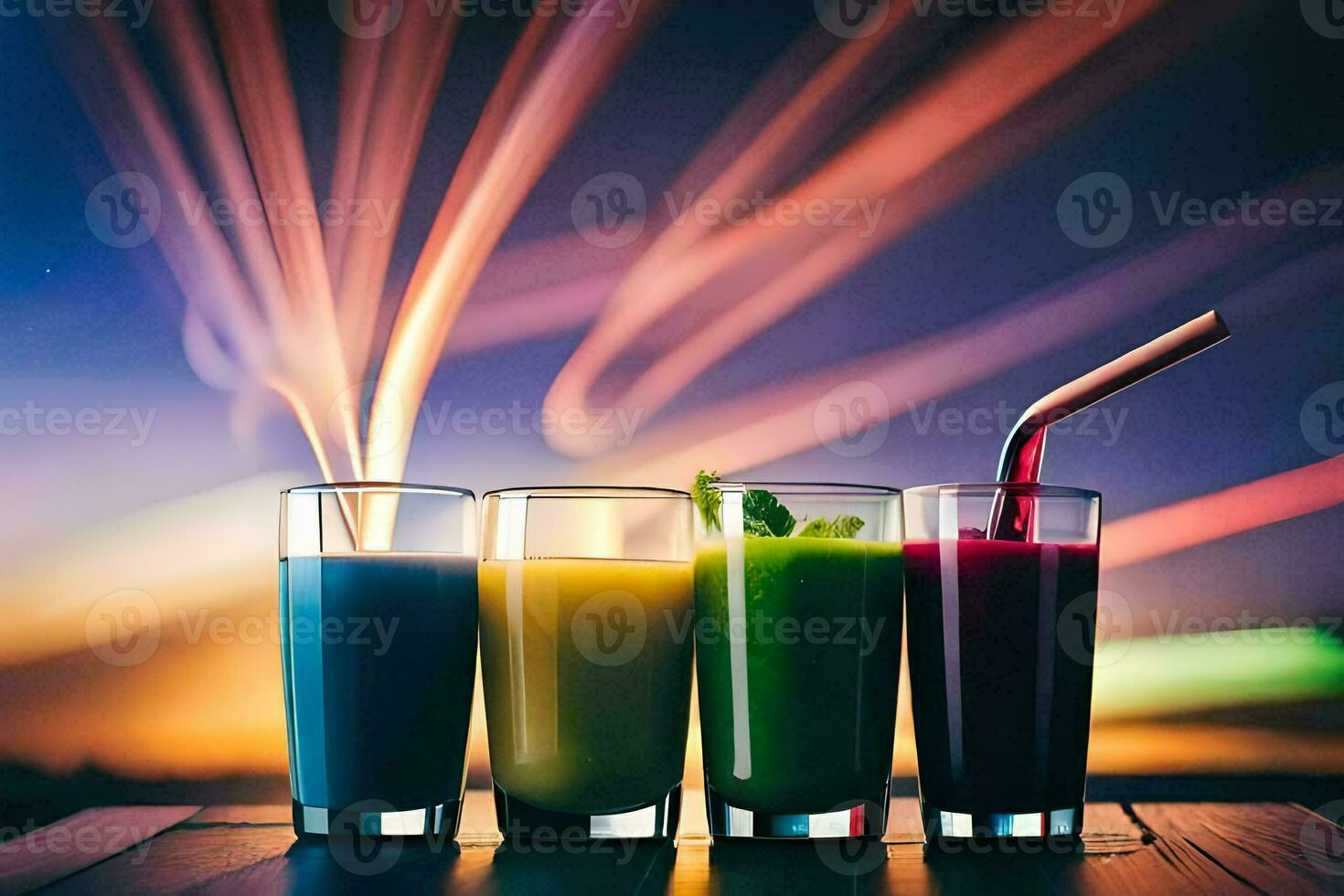 three glasses of juice with colorful liquid. AI-Generated photo