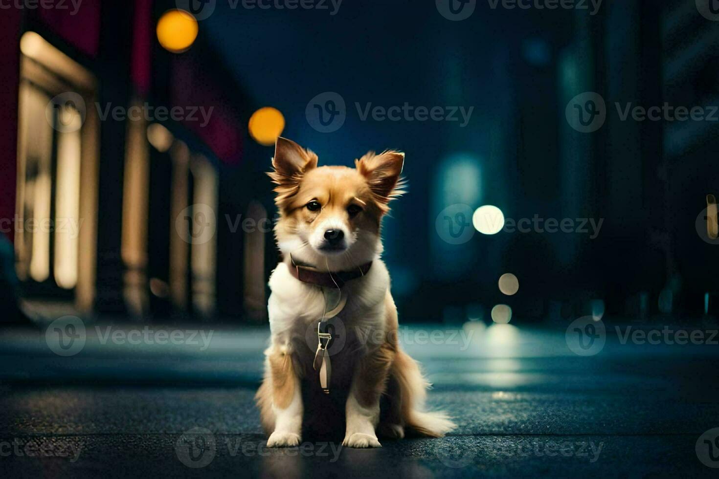 un perro sentado en el calle a noche. generado por ai foto