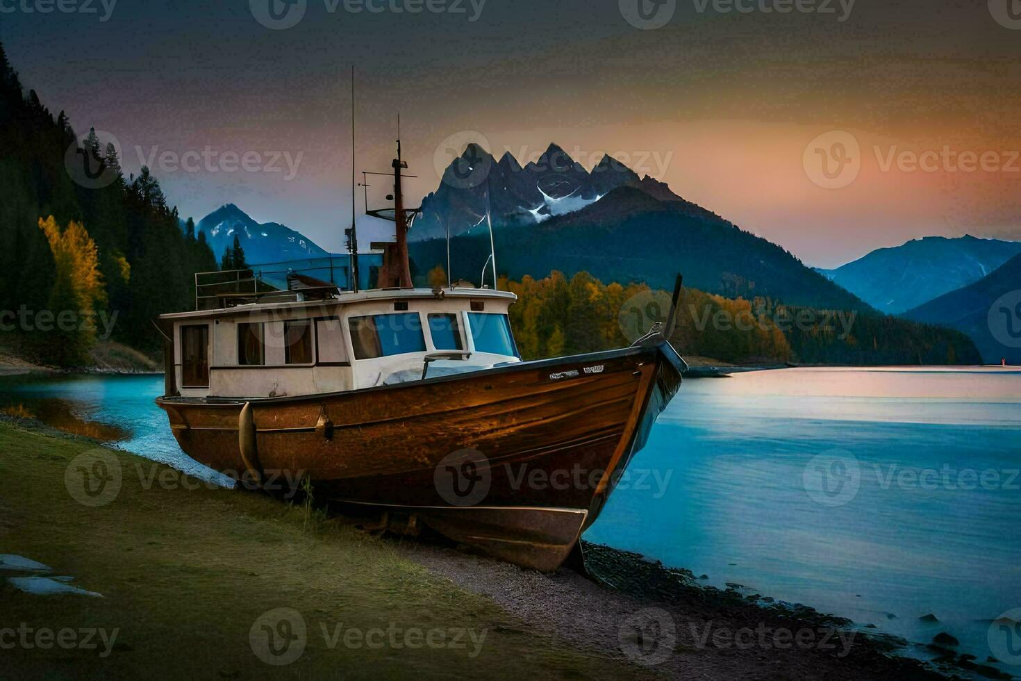 a boat sits on the shore of a lake at sunset. AI-Generated photo