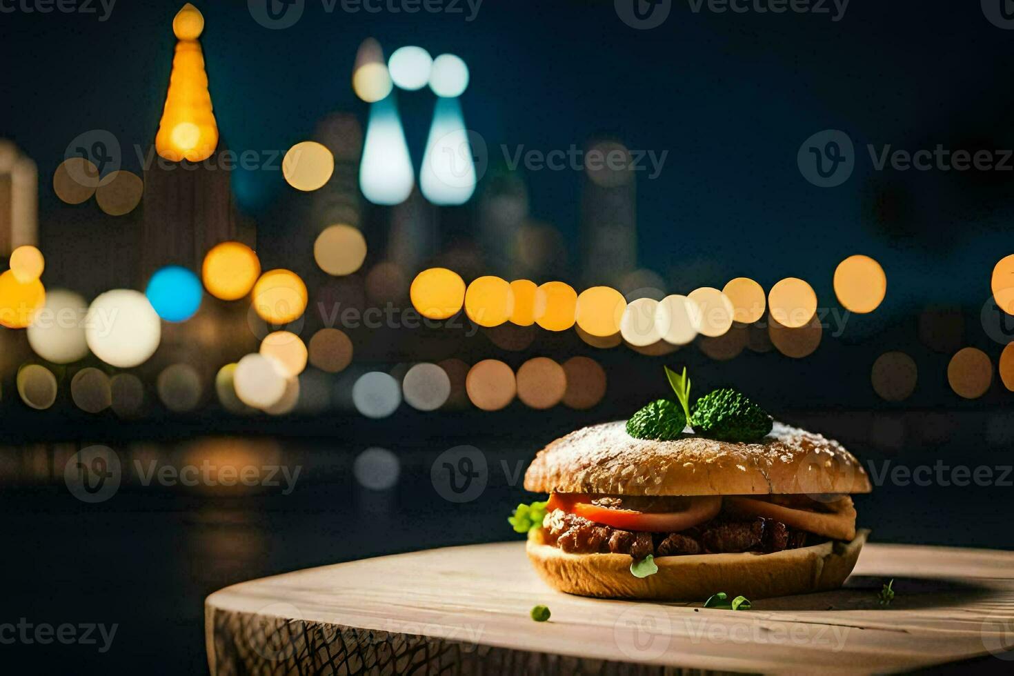a hamburger sitting on a table in front of a city skyline. AI-Generated photo