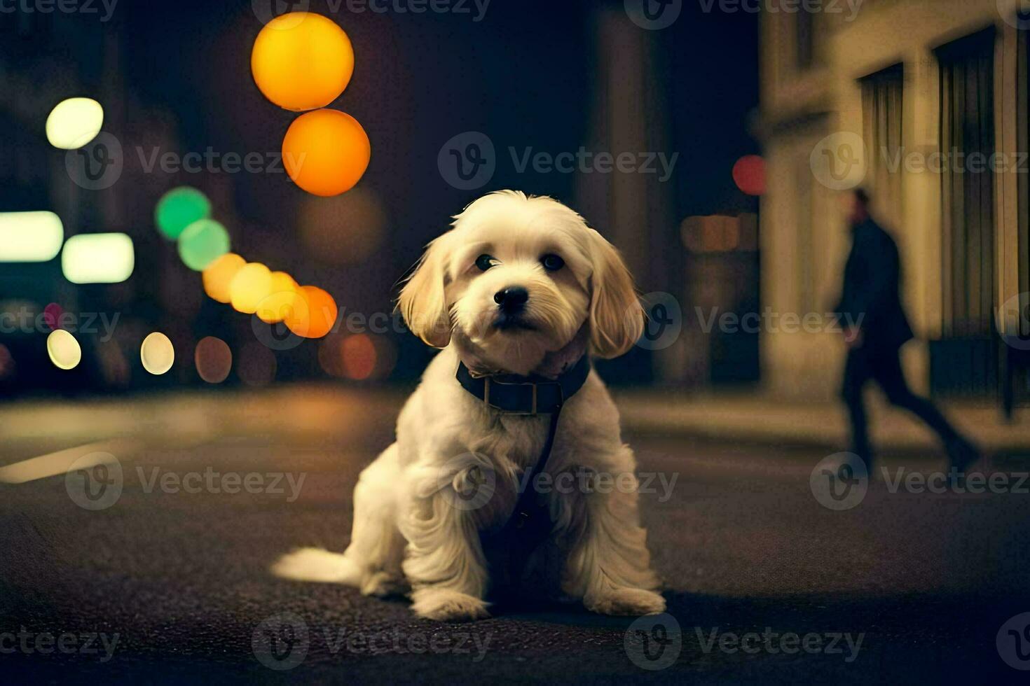 a white dog sitting on the street at night. AI-Generated photo