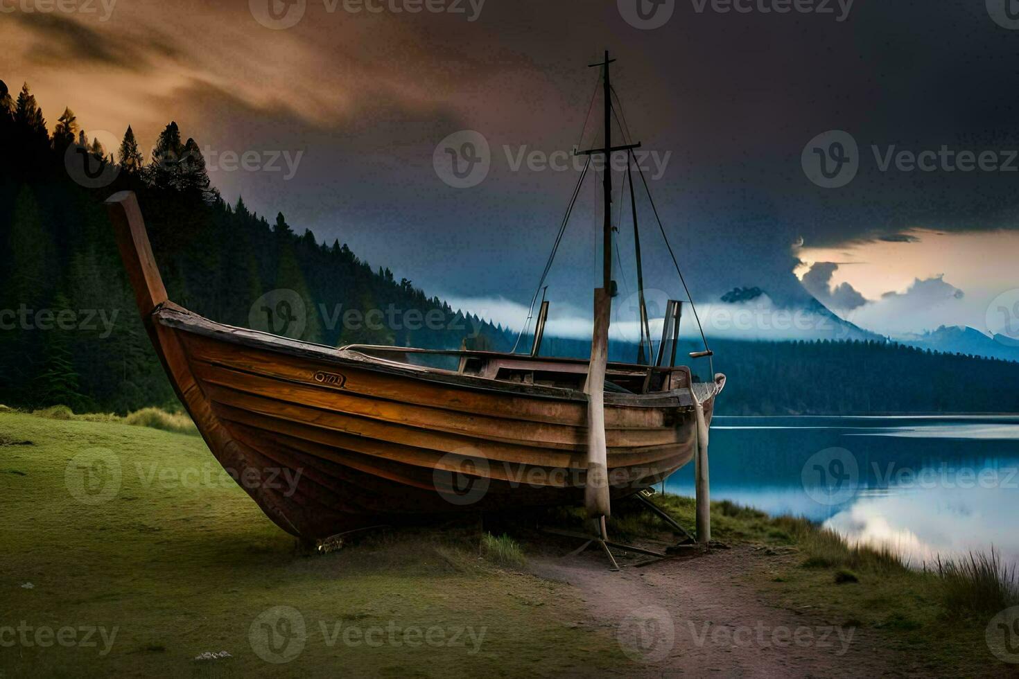 a boat sits on the shore of a lake. AI-Generated photo