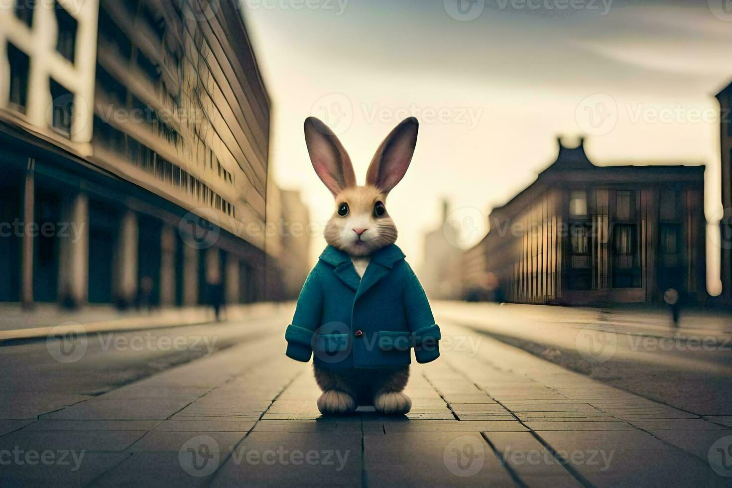 a rabbit wearing a blue coat and tie standing on a street. AI-Generated photo