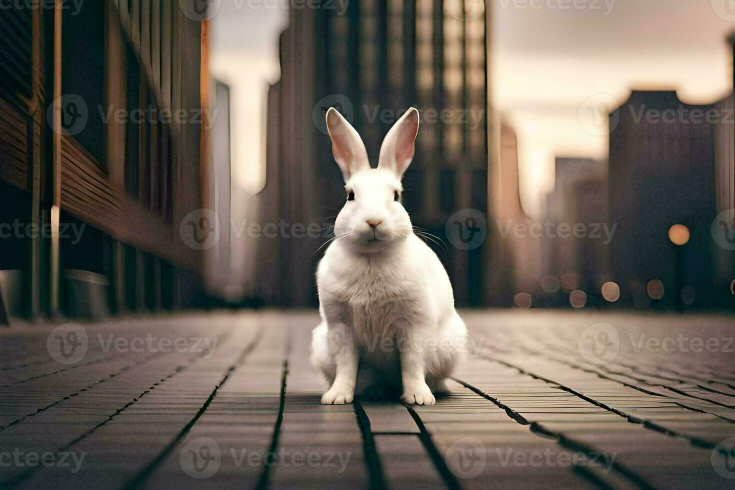 a white rabbit is sitting on the ground in front of tall buildings. AI-Generated photo