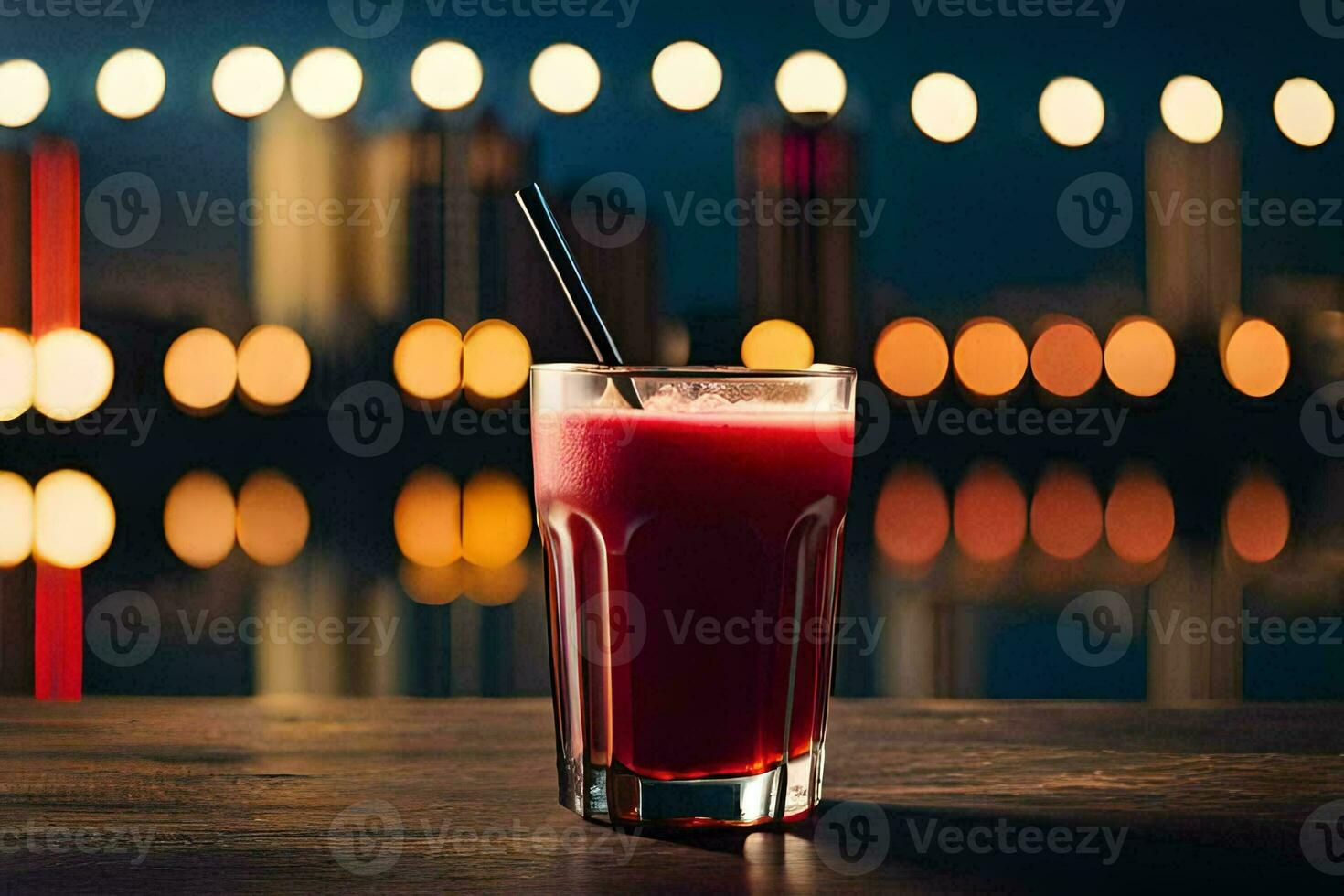 a glass of red juice sitting on a table in front of a city skyline. AI-Generated photo