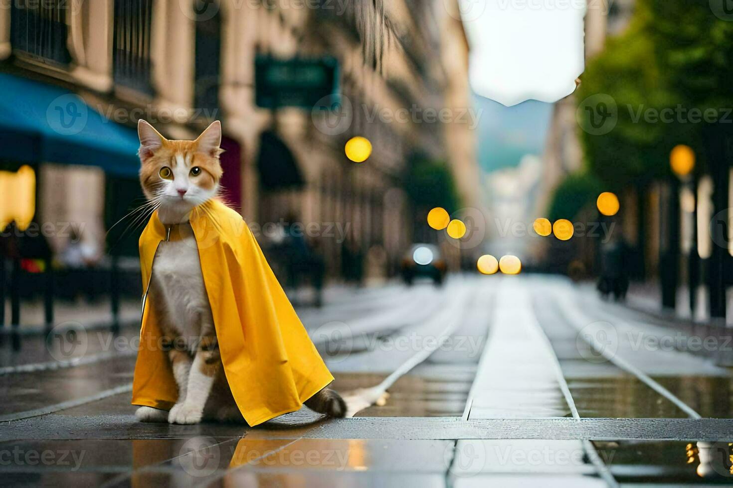 a cat wearing a yellow cape on a rainy street. AI-Generated photo