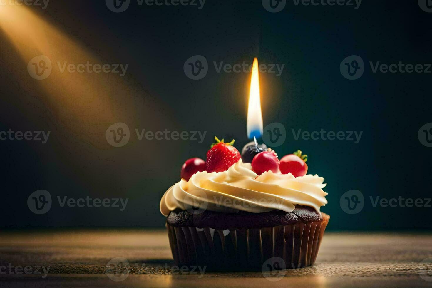 a cupcake with a single candle on top. AI-Generated photo