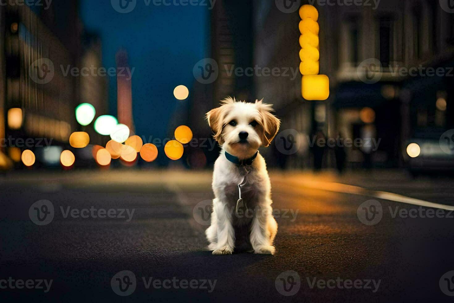 a small dog sitting on the street at night. AI-Generated photo
