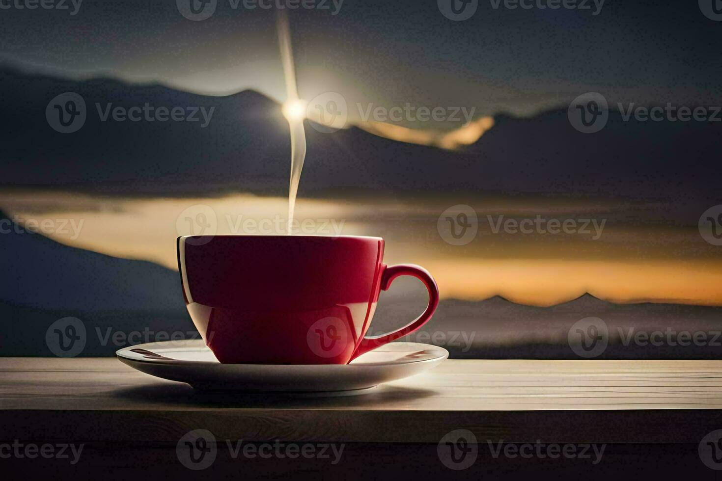 a cup of coffee on a table with mountains in the background. AI-Generated photo