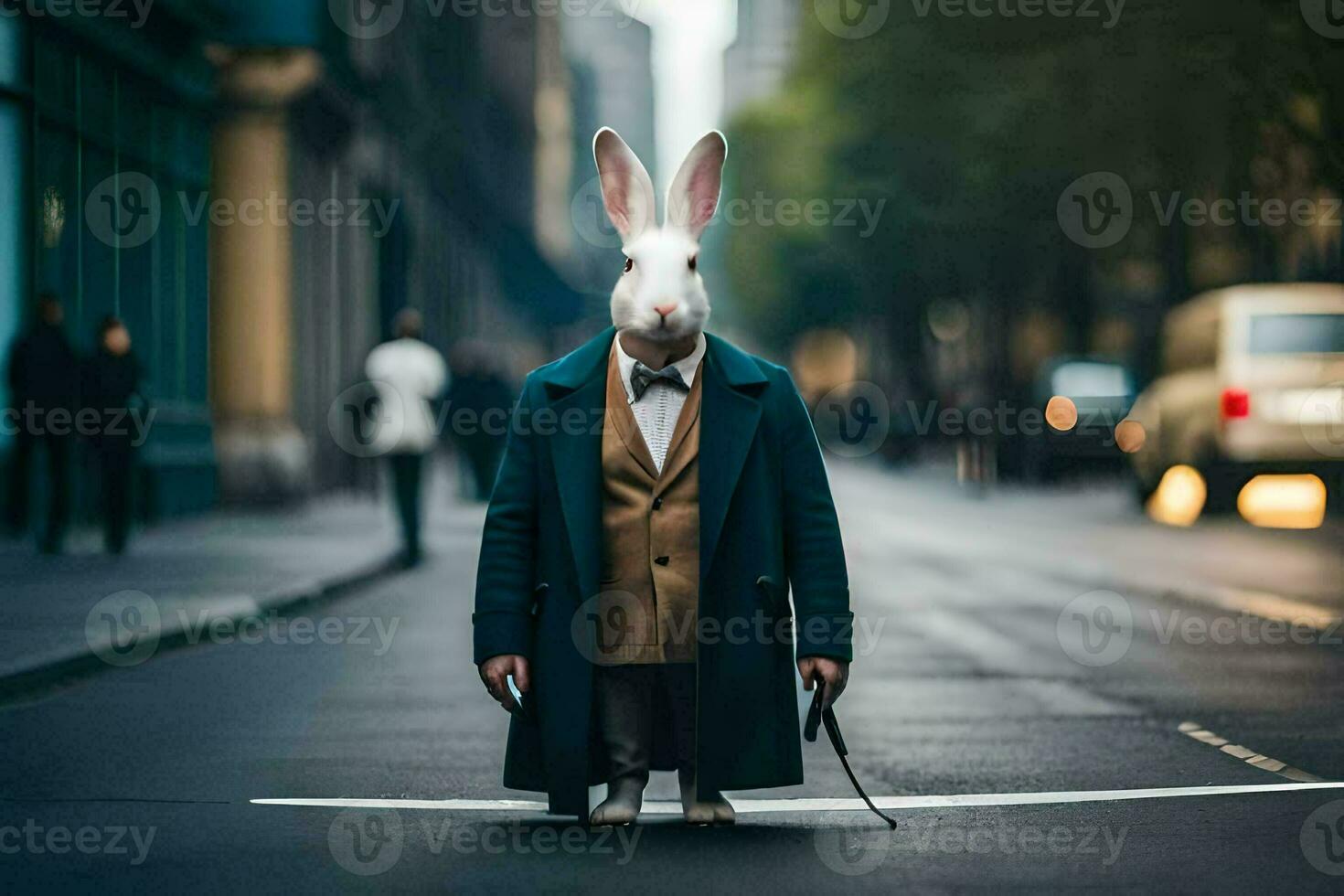 a rabbit wearing a suit and tie standing in the middle of a city street. AI-Generated photo