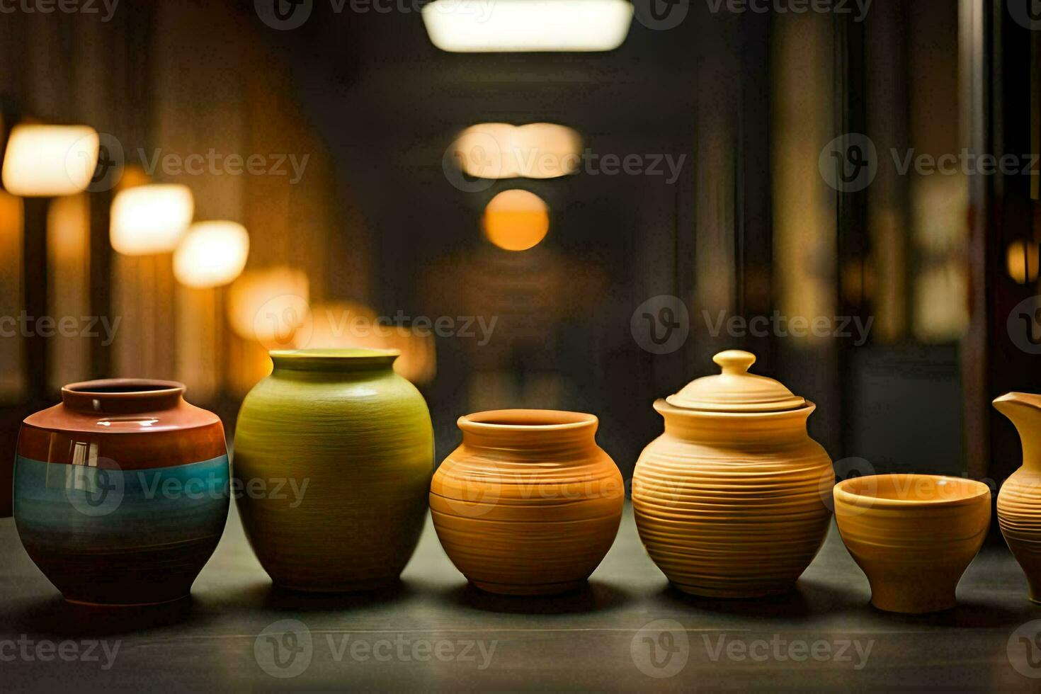 a row of vases lined up on a table. AI-Generated photo