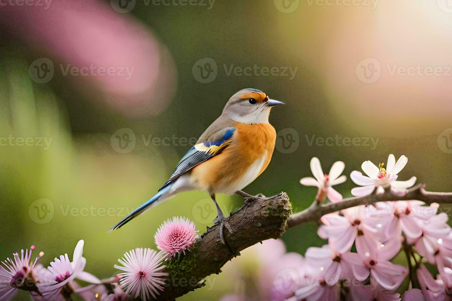 a bird sits on a branch with pink flowers. AI-Generated photo
