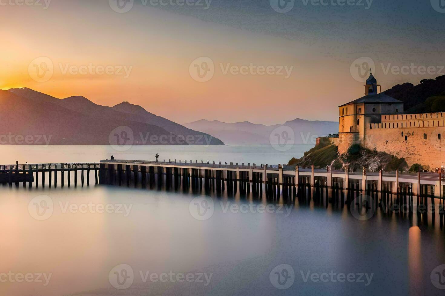 the sun sets over a pier and a building. AI-Generated photo