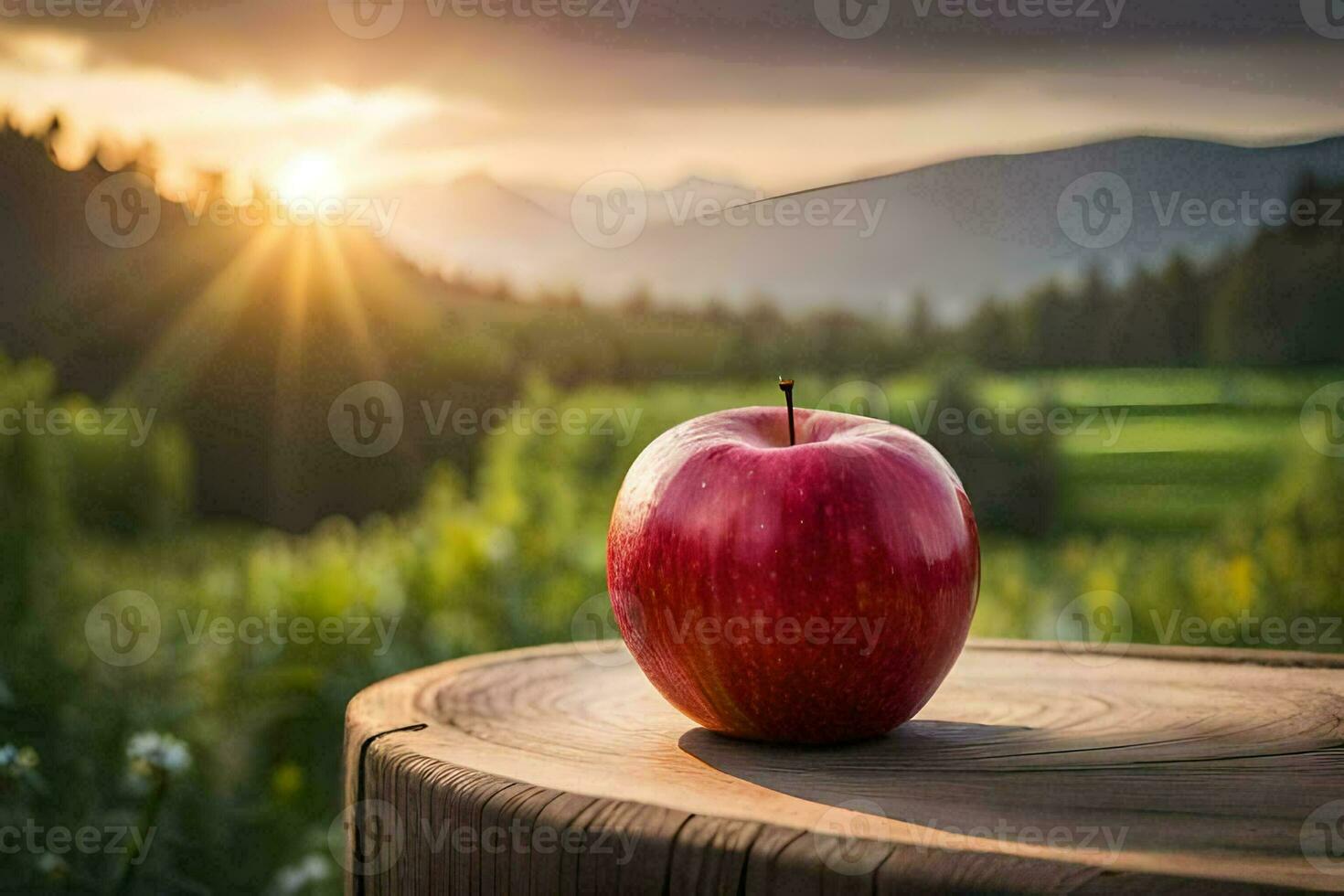 a red apple on a stump in the mountains. AI-Generated photo